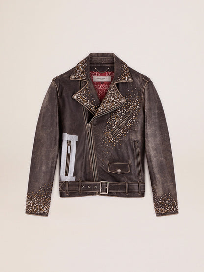 Men's leather biker jacket with hammered studs and adhesive tape - Golden Goose Men