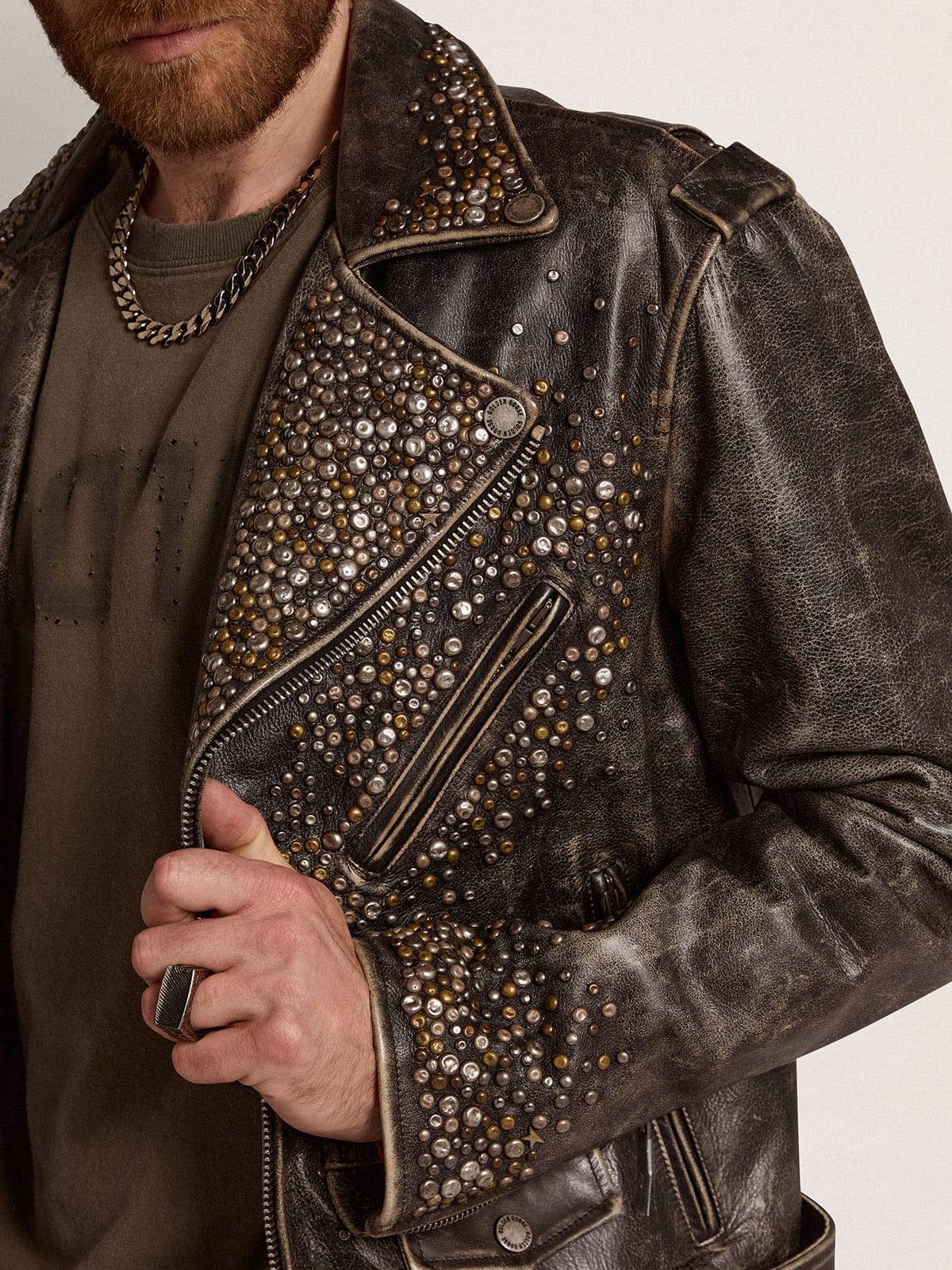 Men's leather biker jacket with hammered studs and adhesive tape - Golden Goose Men