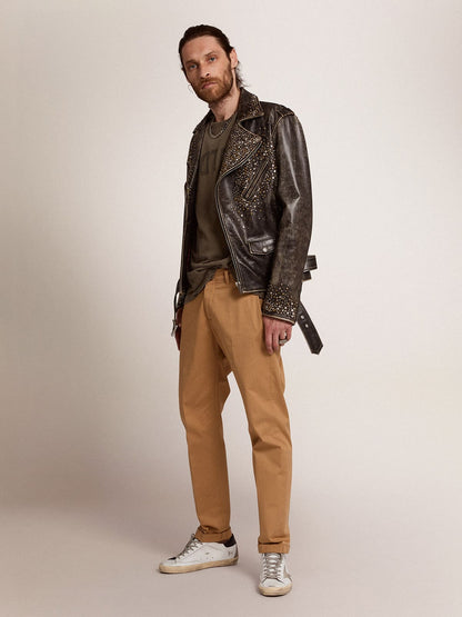 Men's leather biker jacket with hammered studs and adhesive tape - Golden Goose Men
