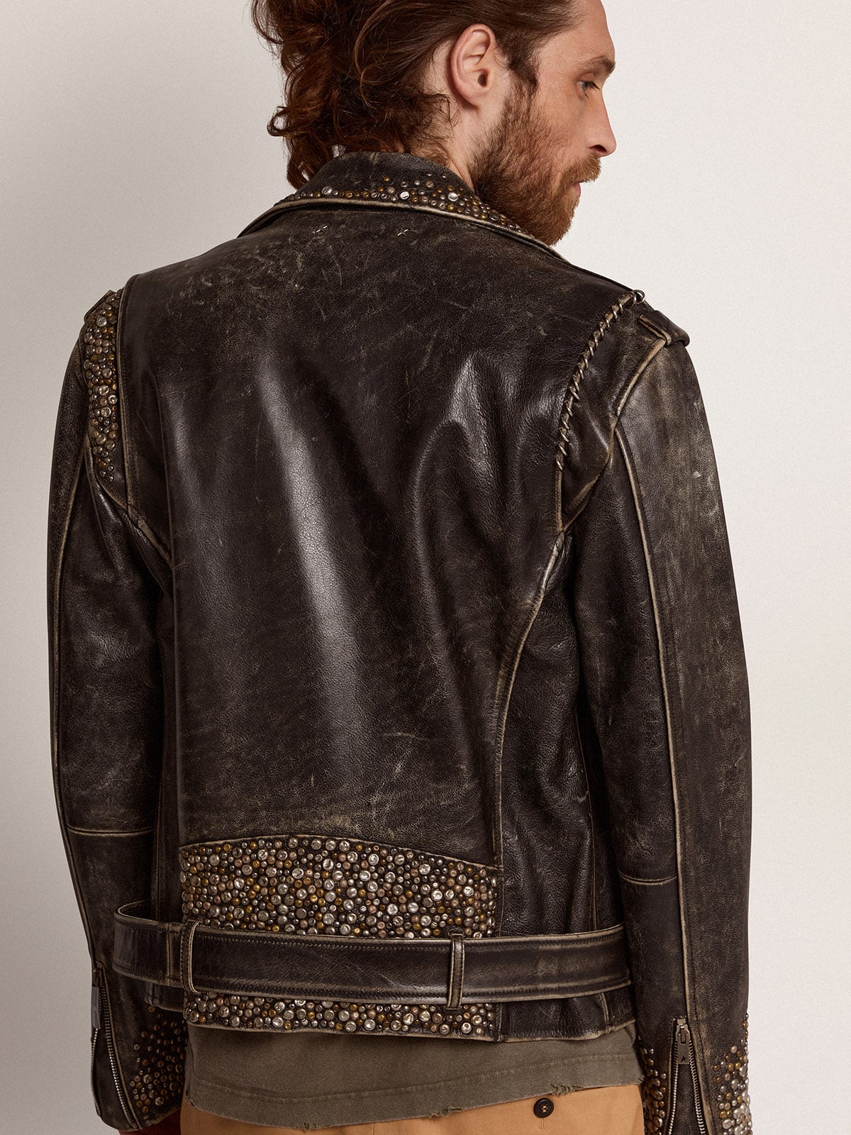 Men's leather biker jacket with hammered studs and adhesive tape - Golden Goose Men