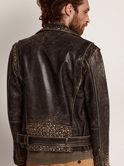 Men's leather biker jacket with hammered studs and adhesive tape - Golden Goose Men