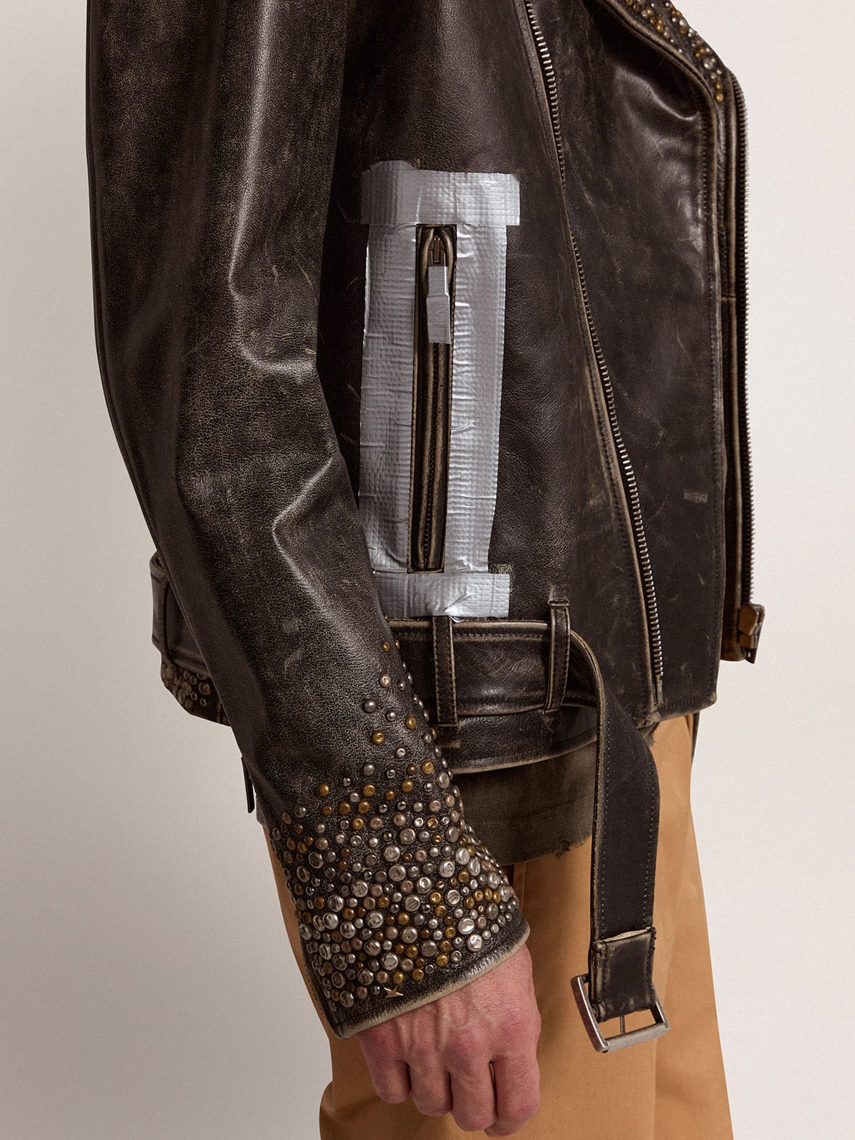 Men's leather biker jacket with hammered studs and adhesive tape - Golden Goose Men