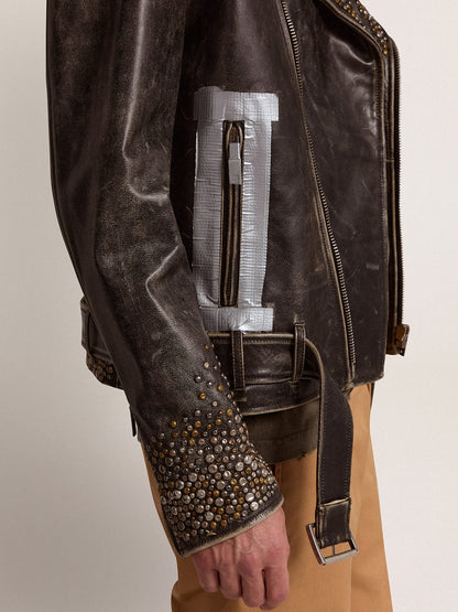 Men's leather biker jacket with hammered studs and adhesive tape - Golden Goose Men