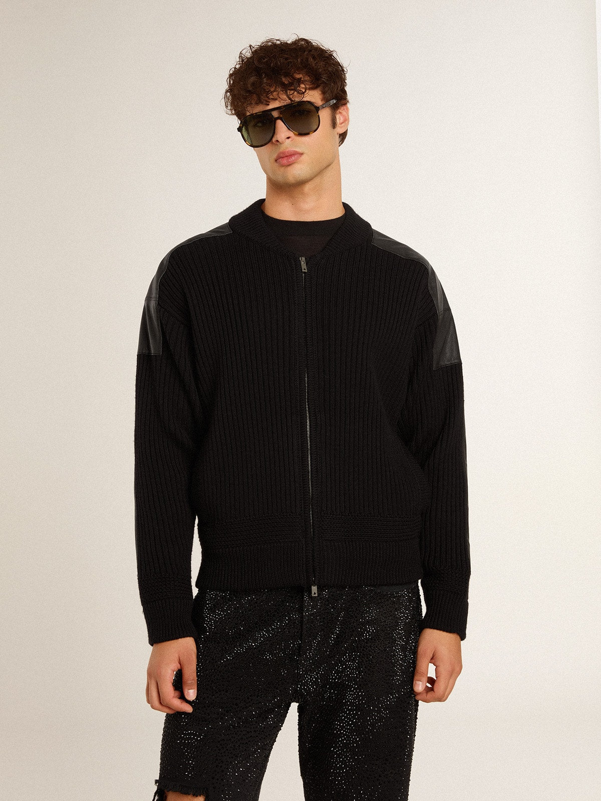 Men's black merino wool jacket with leather patches - Golden Goose Men
