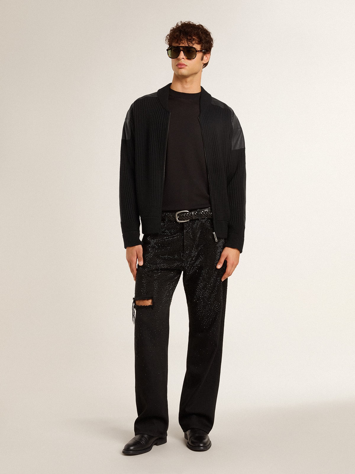 Men's black merino wool jacket with leather patches - Golden Goose Men