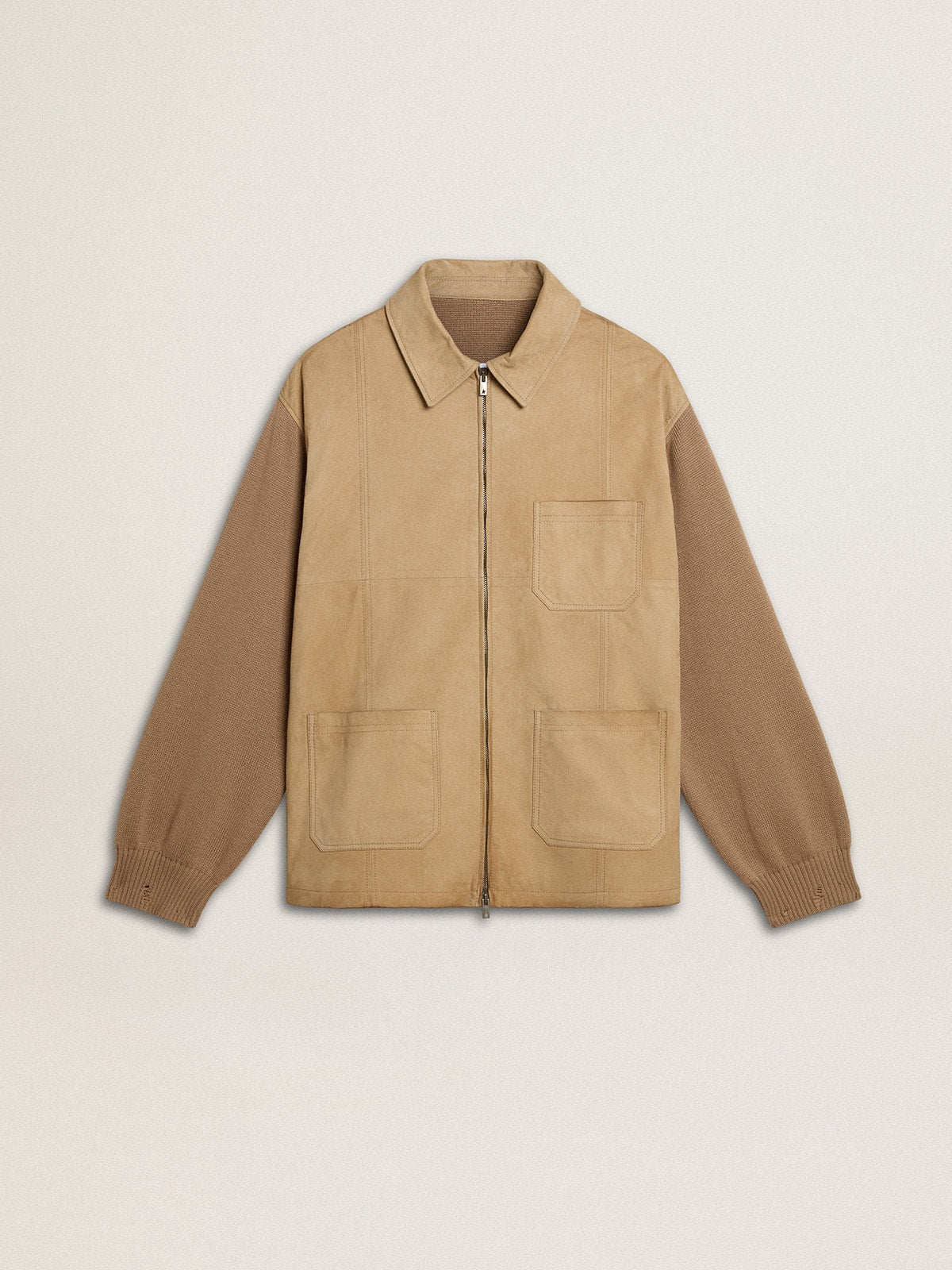 Men's jacket in travertine-colored nubuck leather with wool-blend sleeves and back - Golden Goose Men