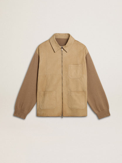 Men's jacket in travertine-colored nubuck leather with wool-blend sleeves and back - Golden Goose Men