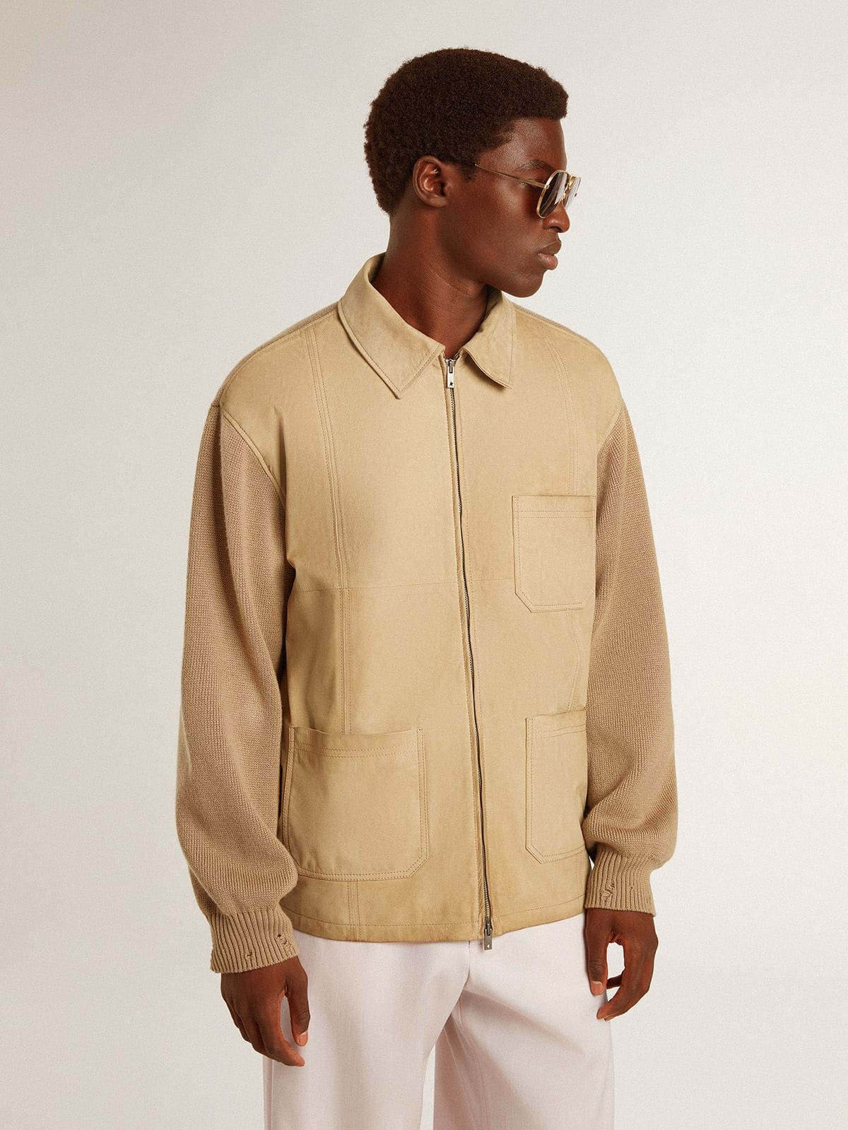 Men's jacket in travertine-colored nubuck leather with wool-blend sleeves and back - Golden Goose Men