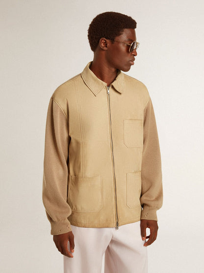 Men's jacket in travertine-colored nubuck leather with wool-blend sleeves and back - Golden Goose Men