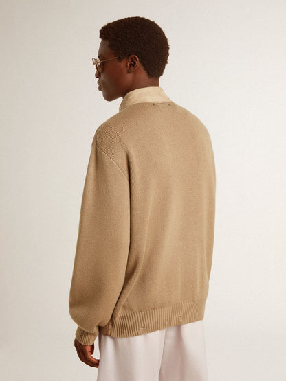 Men's jacket in travertine-colored nubuck leather with wool-blend sleeves and back - Golden Goose Men