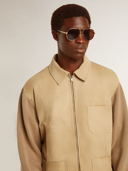 Men's jacket in travertine-colored nubuck leather with wool-blend sleeves and back - Golden Goose Men