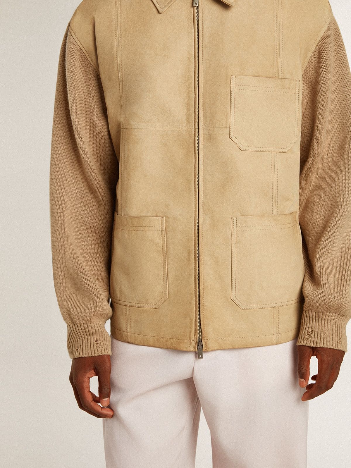 Men's jacket in travertine-colored nubuck leather with wool-blend sleeves and back - Golden Goose Men