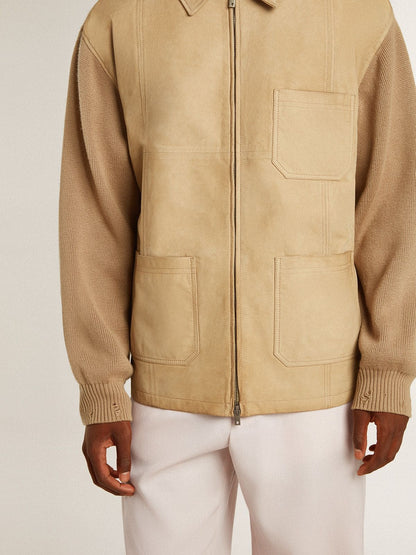 Men's jacket in travertine-colored nubuck leather with wool-blend sleeves and back - Golden Goose Men
