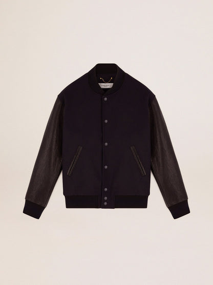Men’s bomber jacker in blue wool and black leather | Golden Goose - Golden Goose Men