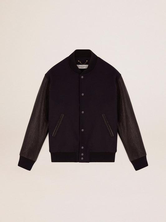 Men’s bomber jacker in blue wool and black leather | Golden Goose - Golden Goose Men
