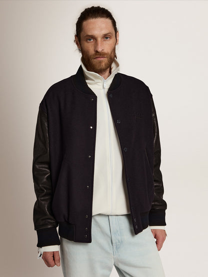 Men’s bomber jacker in blue wool and black leather | Golden Goose - Golden Goose Men