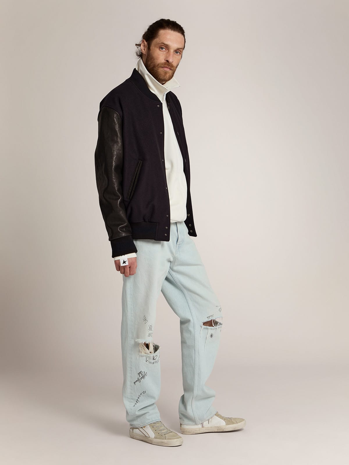 Men’s bomber jacker in blue wool and black leather | Golden Goose - Golden Goose Men