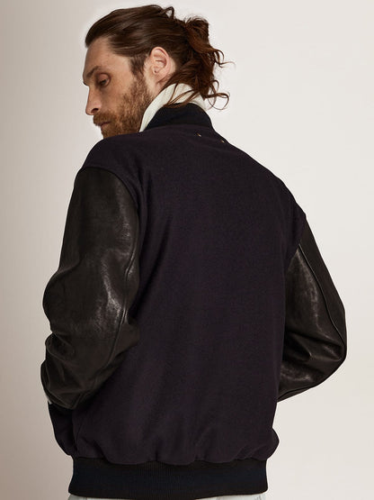 Men’s bomber jacker in blue wool and black leather | Golden Goose - Golden Goose Men