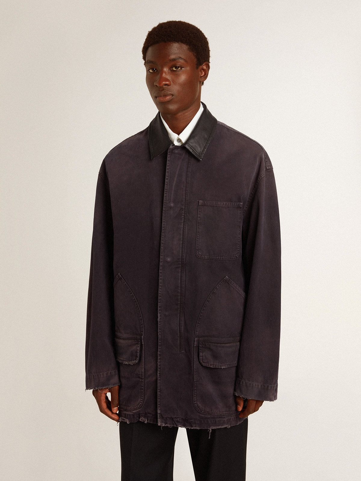 Men's denim jacket with distressed details and leather collar - Golden Goose Men