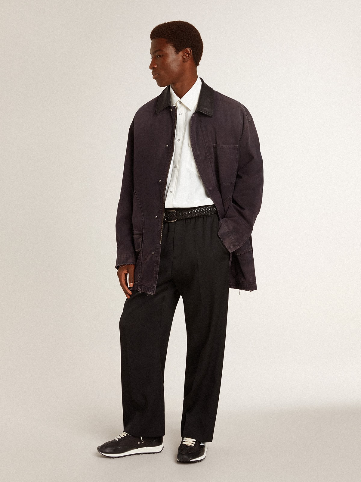 Men's denim jacket with distressed details and leather collar - Golden Goose Men