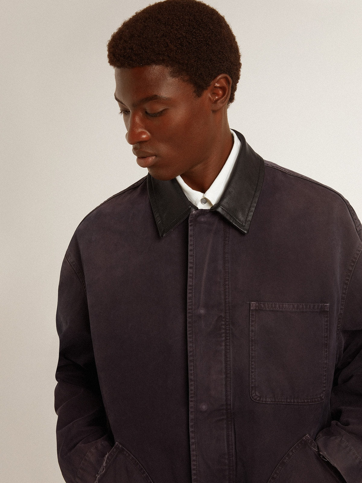 Men's denim jacket with distressed details and leather collar - Golden Goose Men
