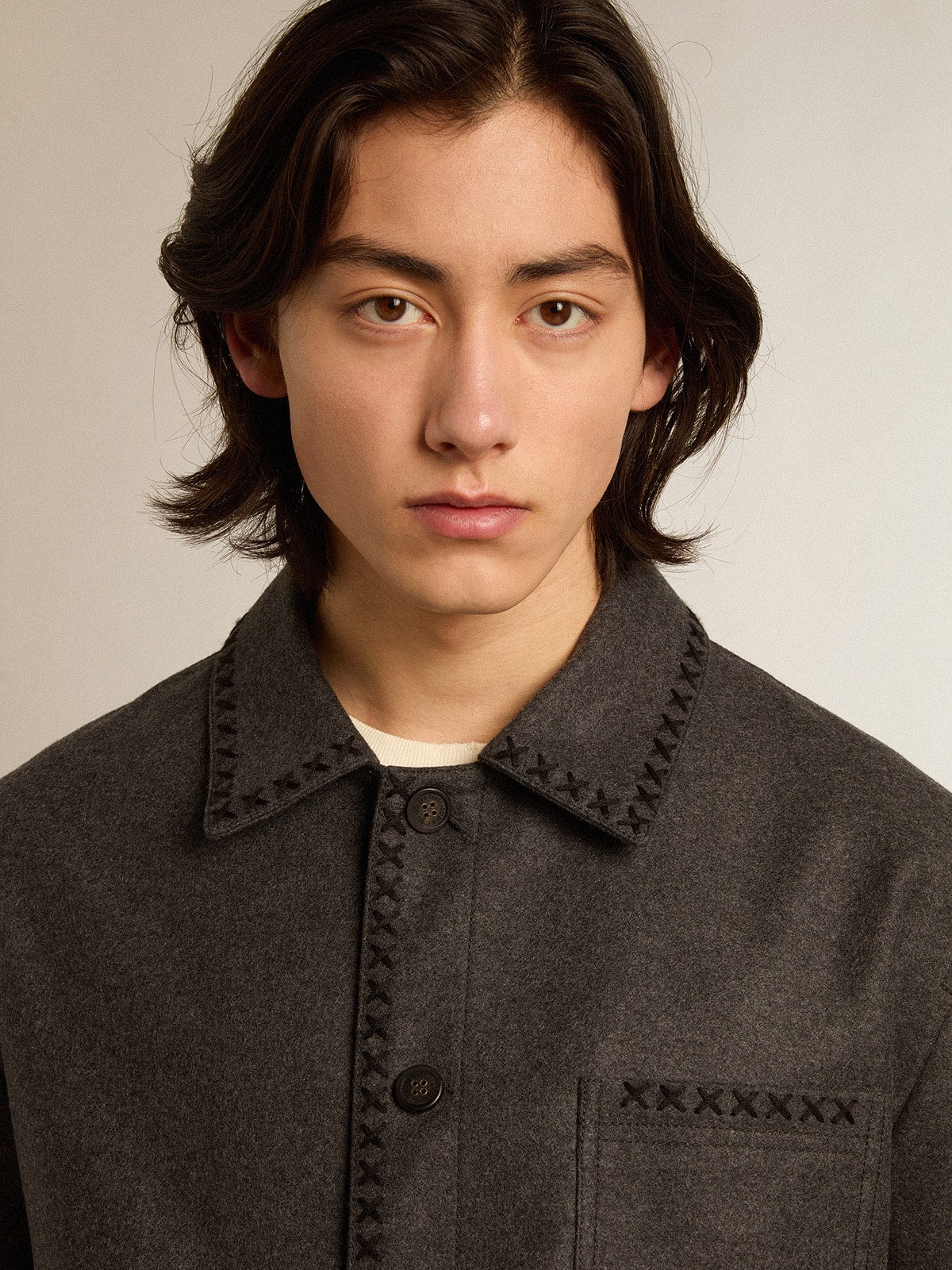 Gray melange woolen jacket with button fastening - Golden Goose Men