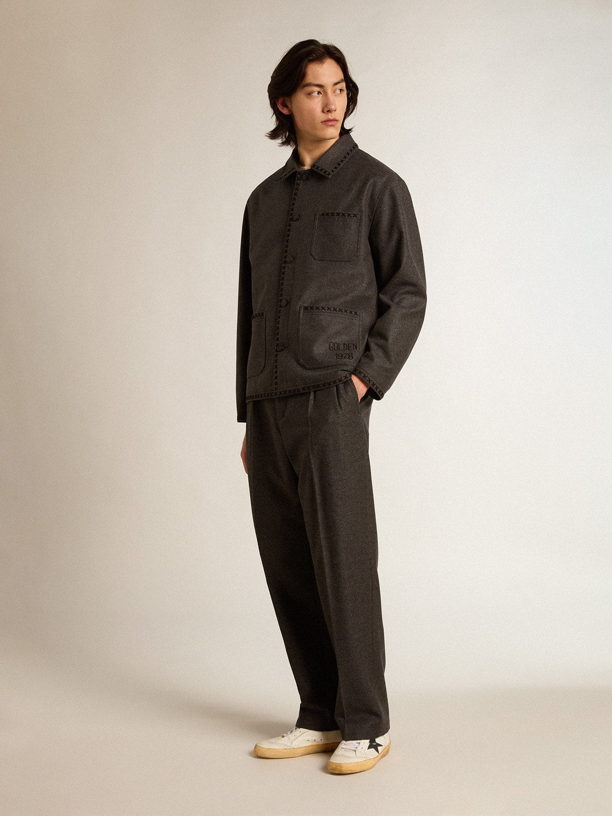 Gray melange woolen jacket with button fastening - Golden Goose Men