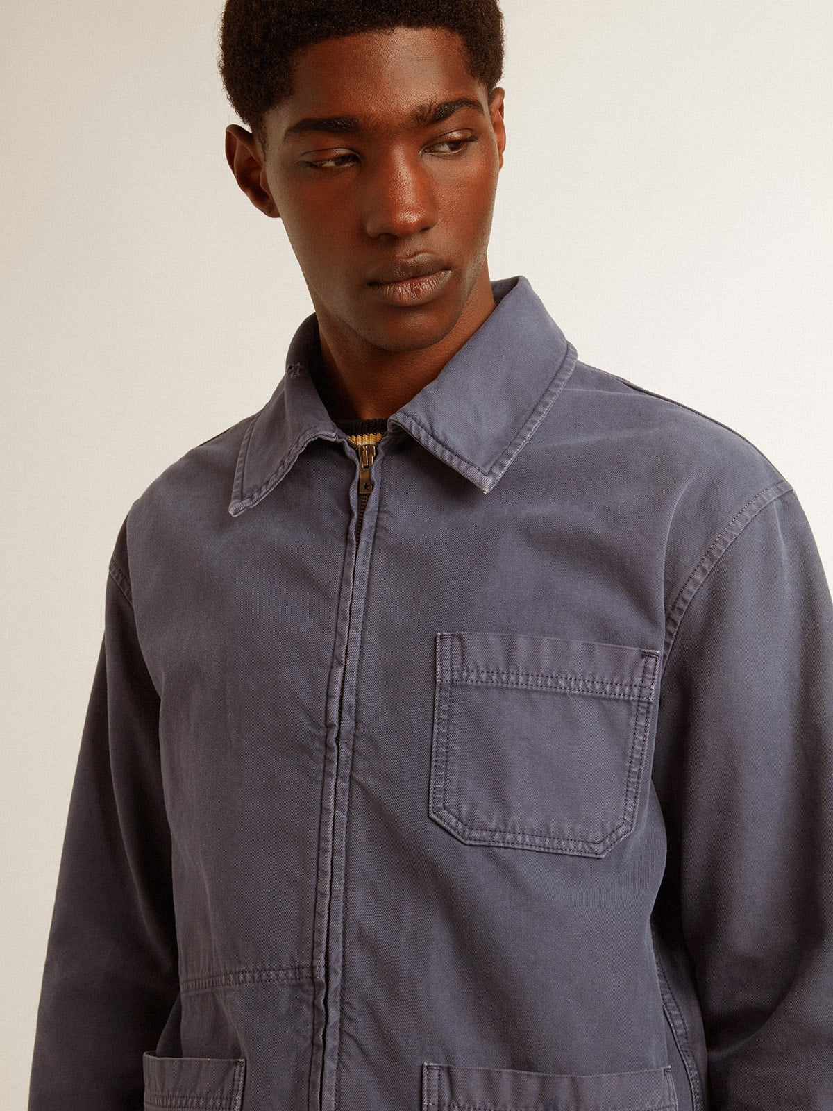 Men's blue jacket in denim cotton with distressed treatment - Golden Goose Men
