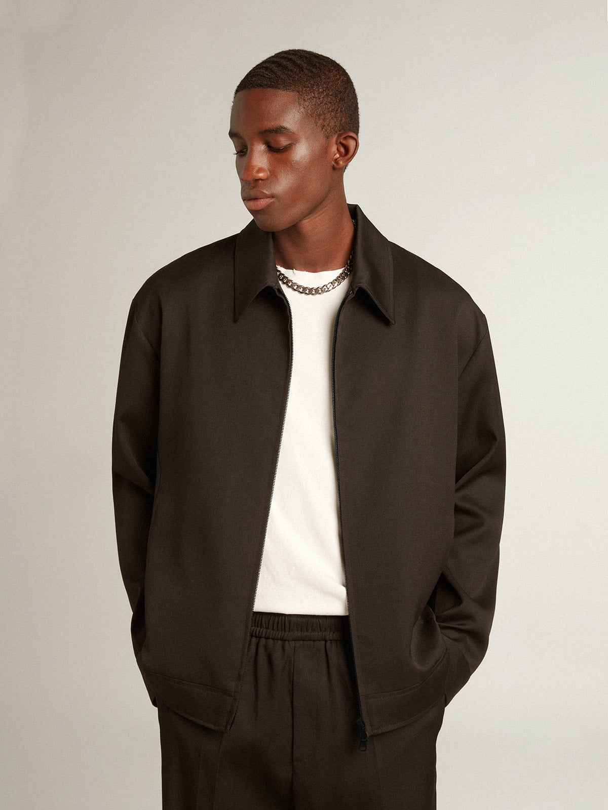 Men’s zip-up jacket in black wool gabardine - Golden Goose Men