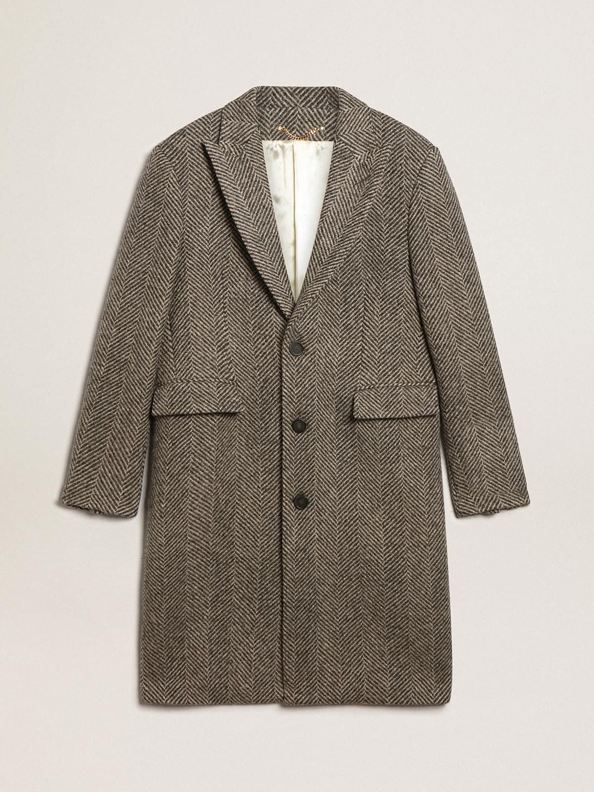 Men's single-breasted wool coat with beige and gray herringbone weave - Golden Goose Men