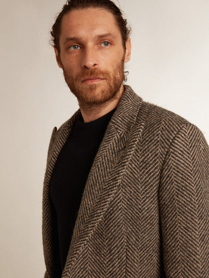 Men's single-breasted wool coat with beige and gray herringbone weave - Golden Goose Men