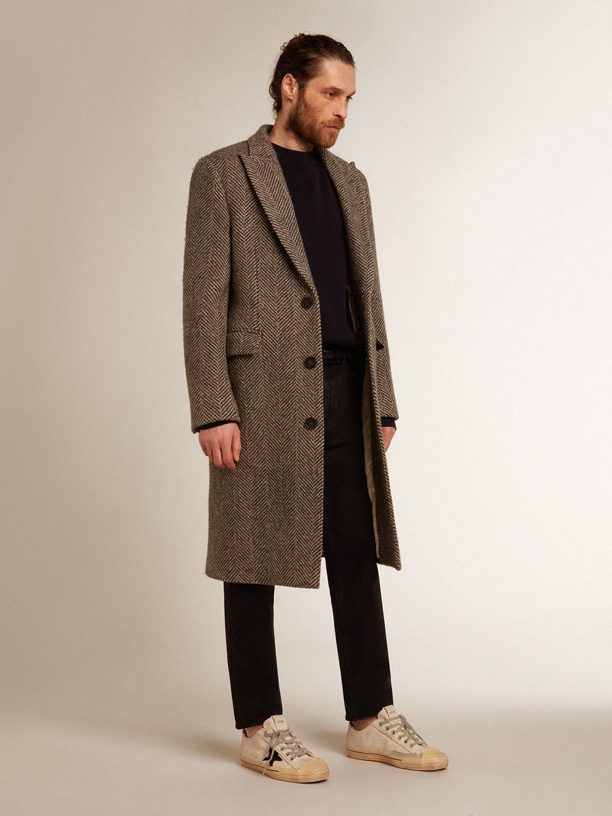 Men's single-breasted wool coat with beige and gray herringbone weave - Golden Goose Men