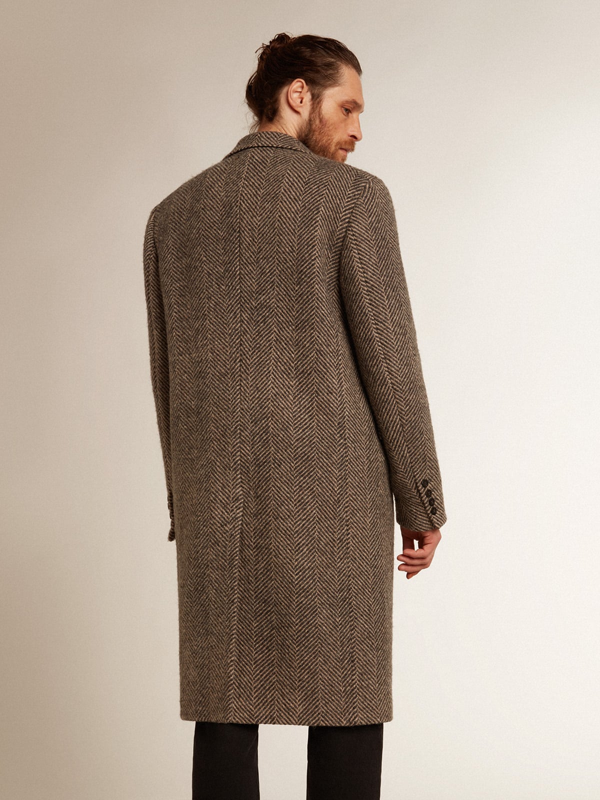 Men's single-breasted wool coat with beige and gray herringbone weave - Golden Goose Men