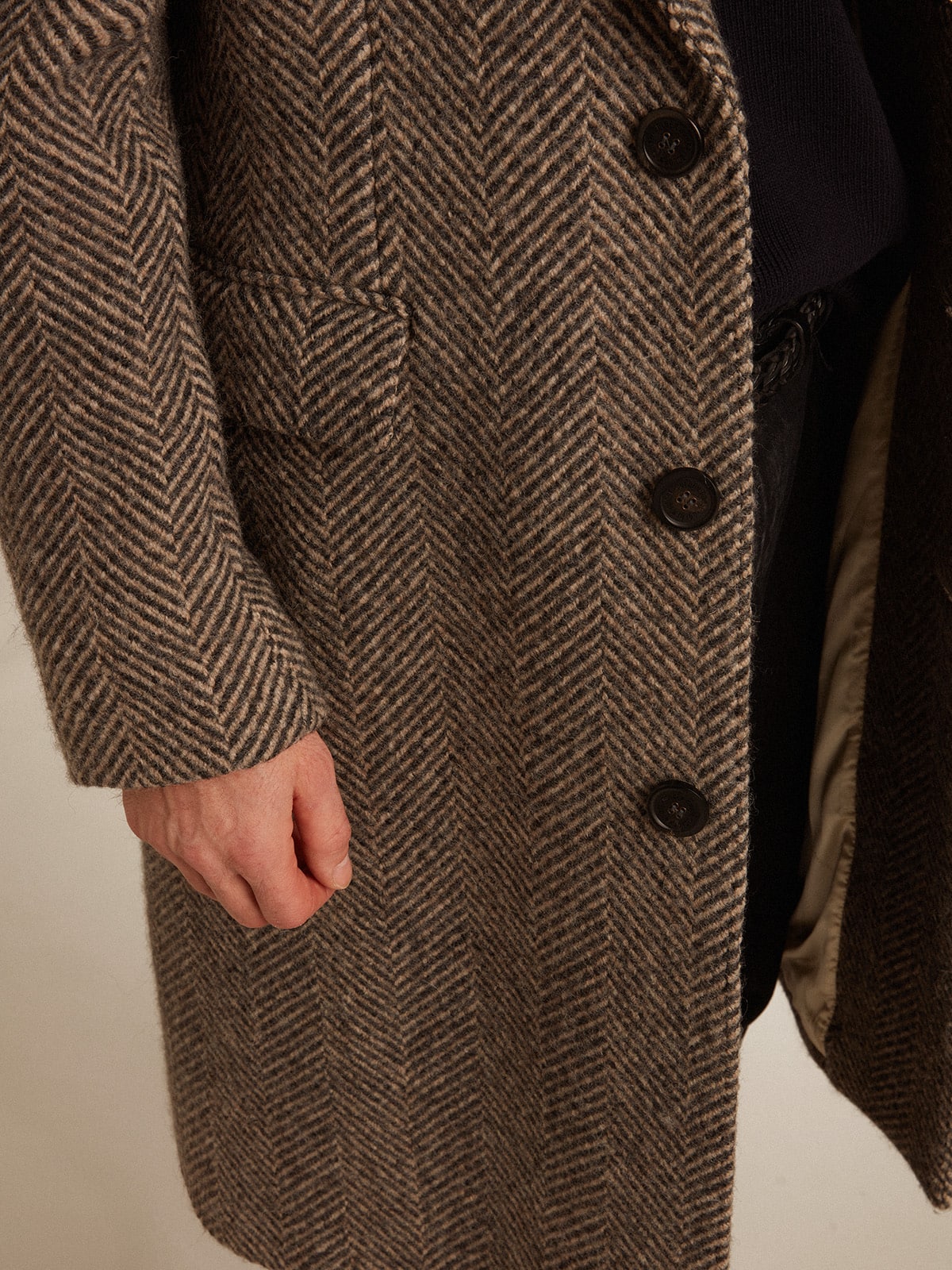 Men's single-breasted wool coat with beige and gray herringbone weave - Golden Goose Men