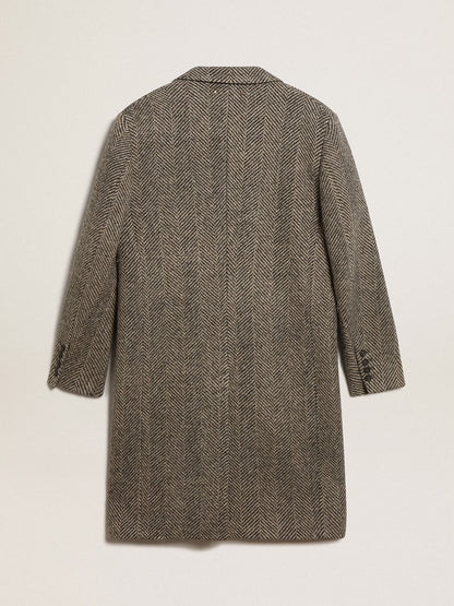 Men's single-breasted wool coat with beige and gray herringbone weave - Golden Goose Men