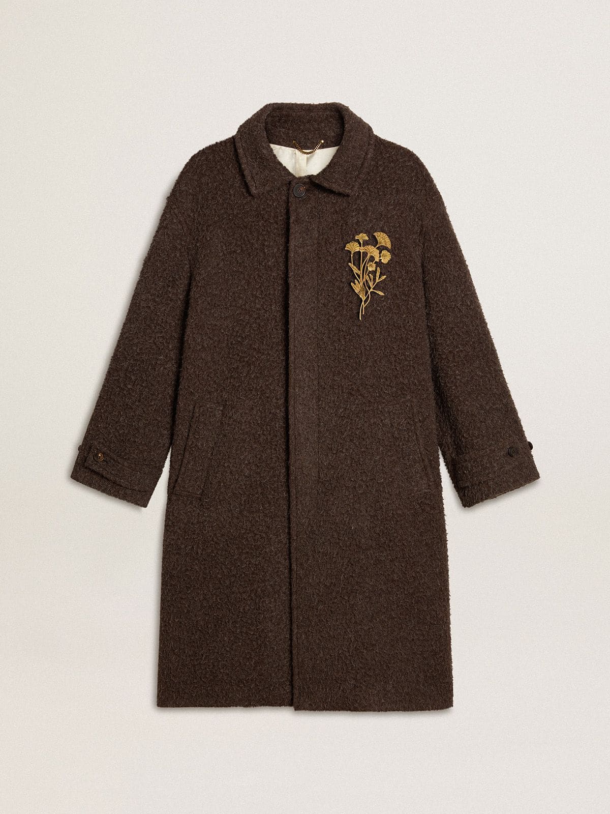 Men's single-breasted Journey coat in wrinkle wool blend with floral pin - Golden Goose Men