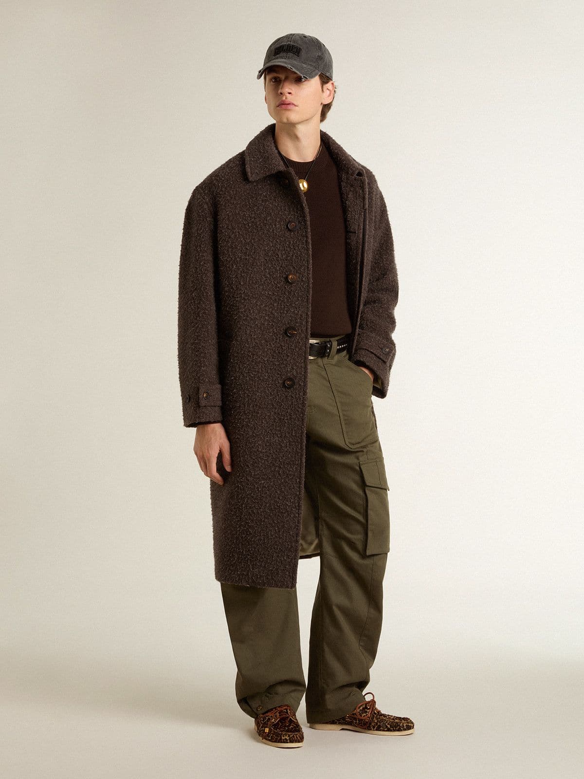 Men's single-breasted Journey coat in wrinkle wool blend with floral pin - Golden Goose Men