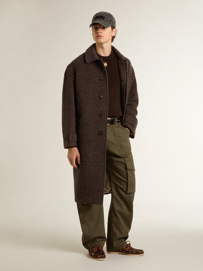 Men's single-breasted Journey coat in wrinkle wool blend with floral pin - Golden Goose Men