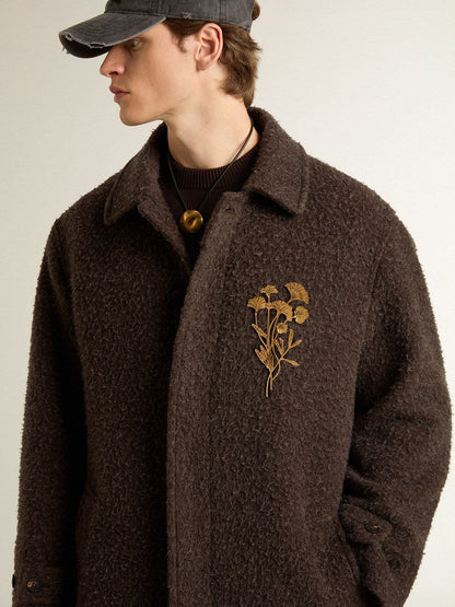 Men's single-breasted Journey coat in wrinkle wool blend with floral pin - Golden Goose Men