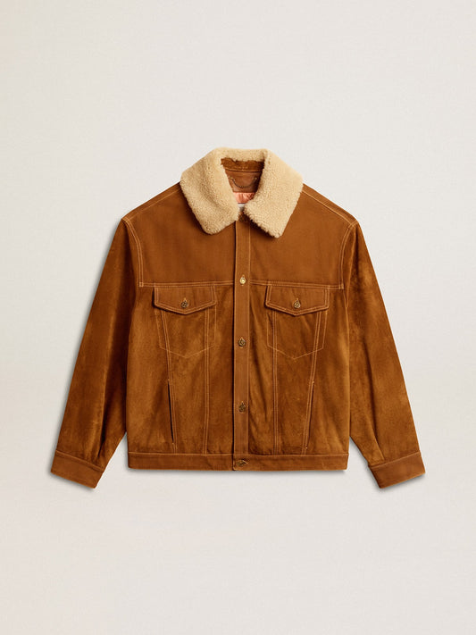 Men's jacket in tobacco-colored split leather with a shearling collar - Golden Goose Men