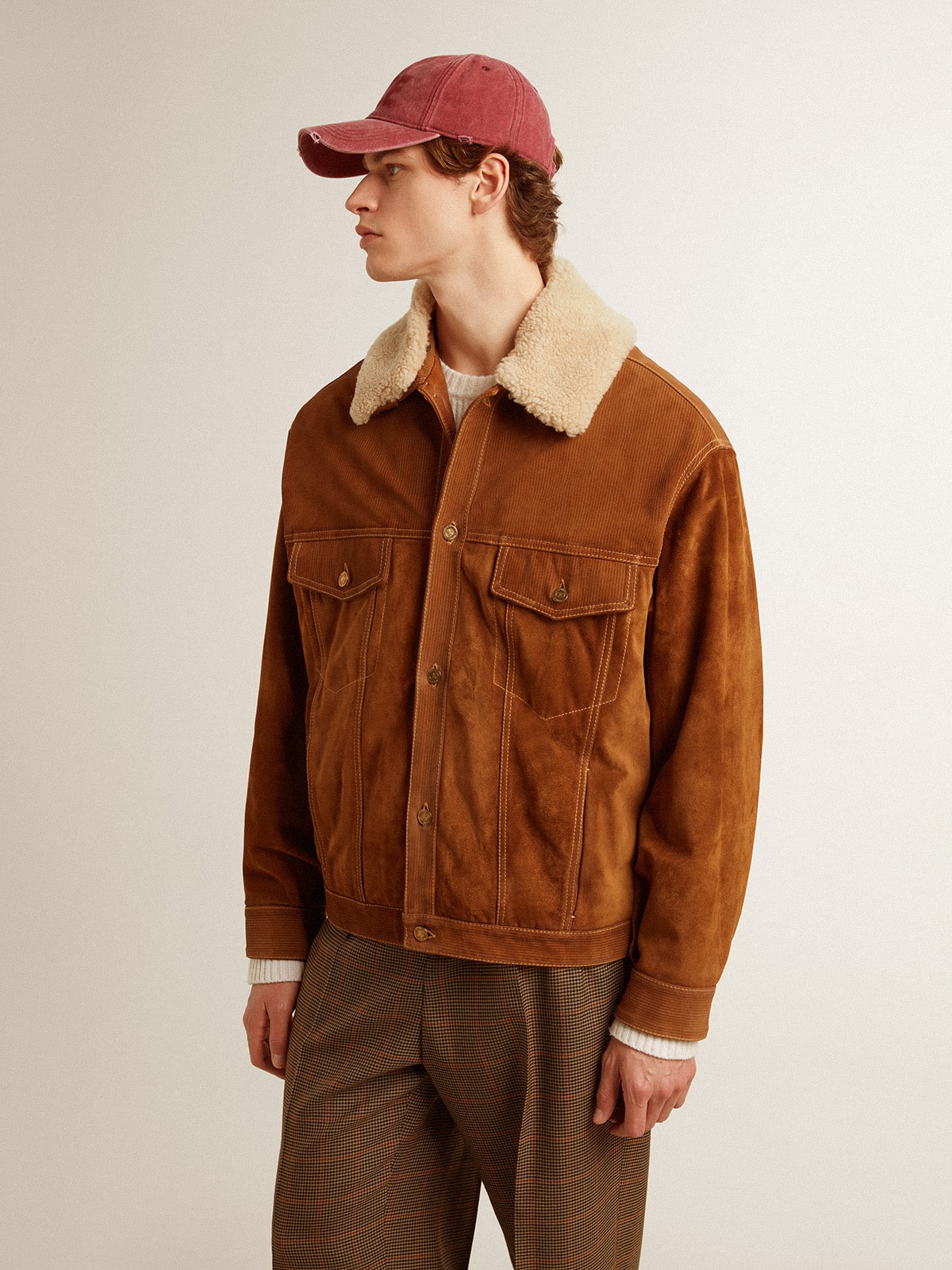 Men's jacket in tobacco-colored split leather with a shearling collar - Golden Goose Men