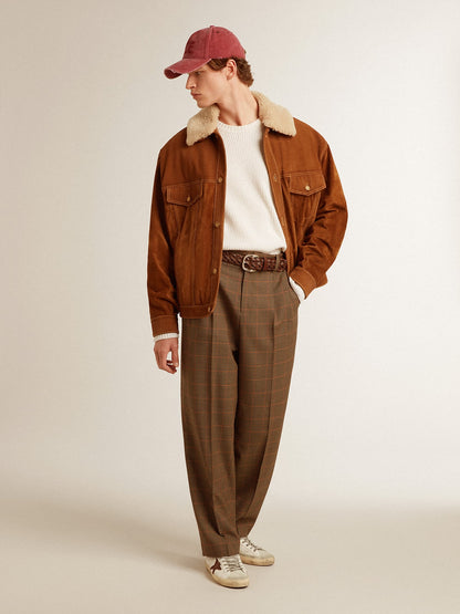 Men's jacket in tobacco-colored split leather with a shearling collar - Golden Goose Men
