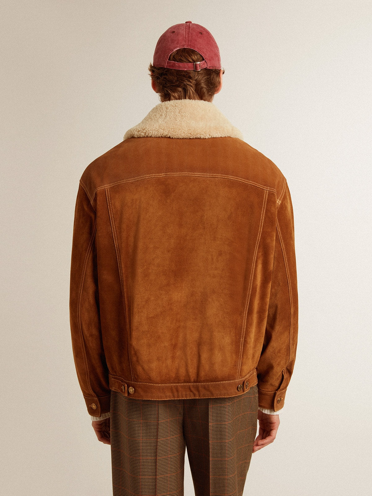 Men's jacket in tobacco-colored split leather with a shearling collar - Golden Goose Men