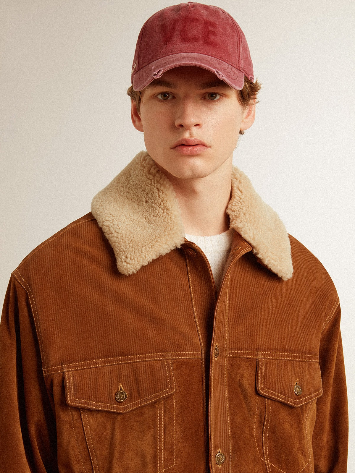 Men's jacket in tobacco-colored split leather with a shearling collar - Golden Goose Men