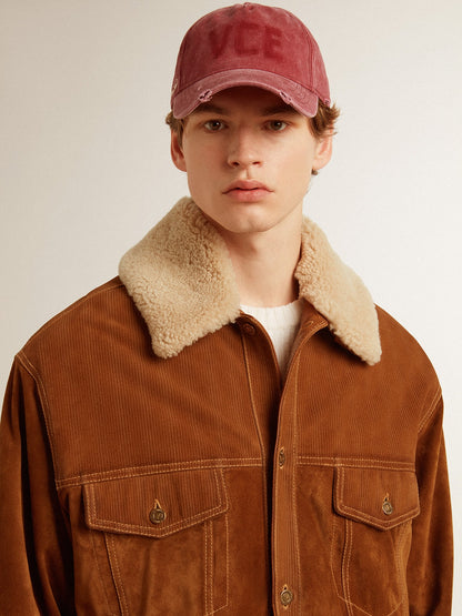 Men's jacket in tobacco-colored split leather with a shearling collar - Golden Goose Men