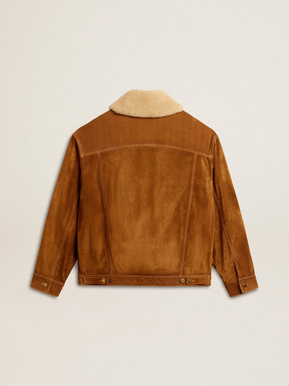 Men's jacket in tobacco-colored split leather with a shearling collar - Golden Goose Men