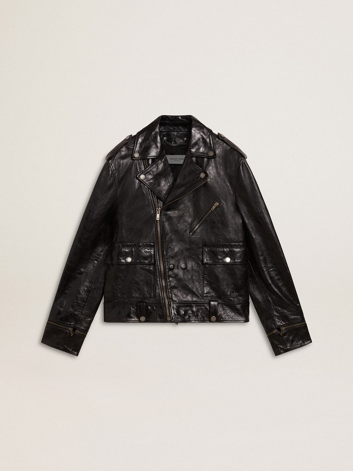 Men’s black leather biker jacket with glossy effect - Golden Goose Men