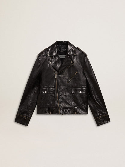 Men’s black leather biker jacket with glossy effect - Golden Goose Men