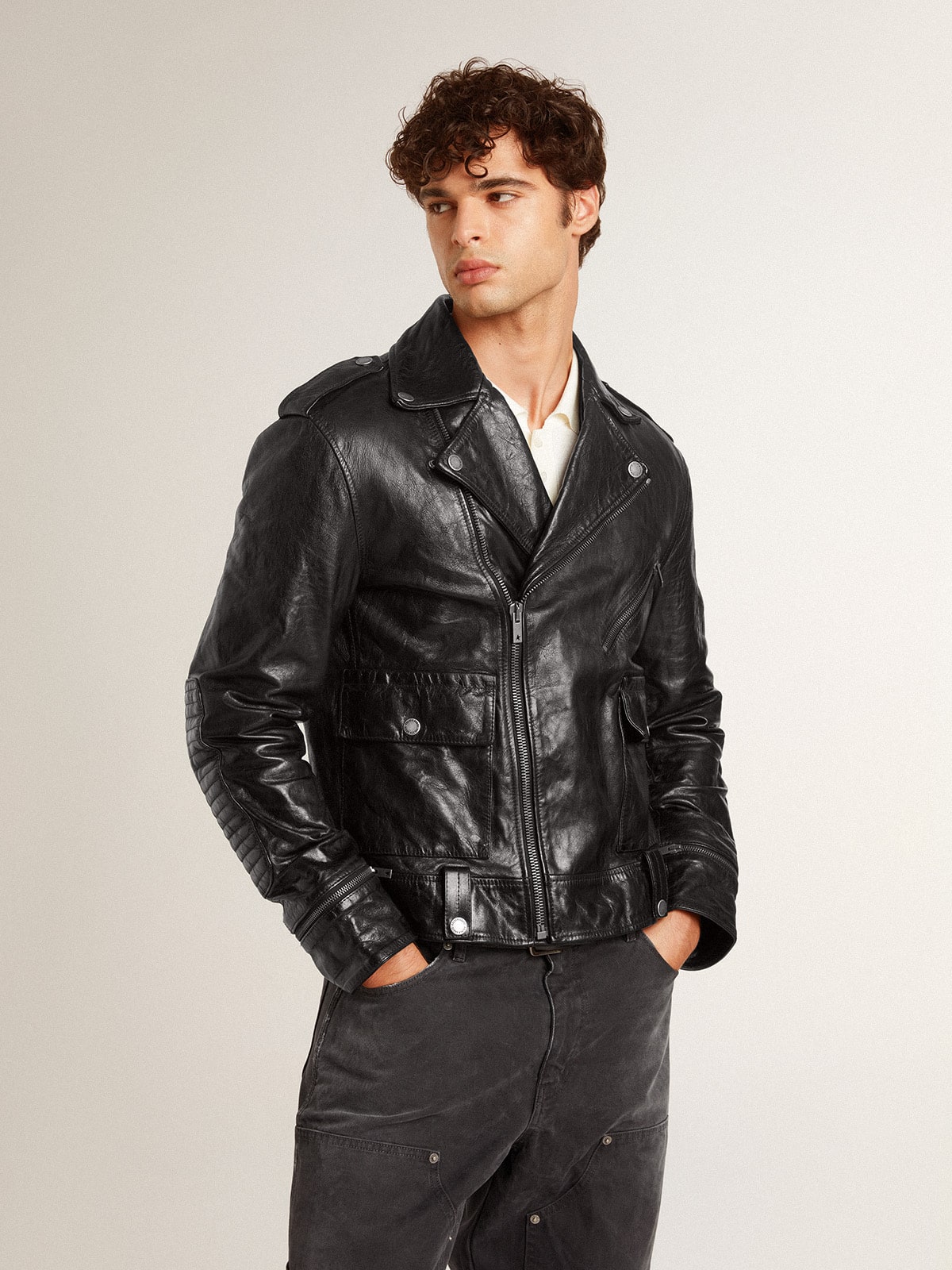 Men’s black leather biker jacket with glossy effect - Golden Goose Men