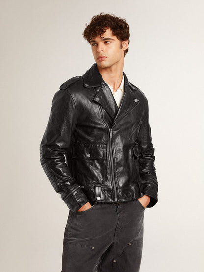Men’s black leather biker jacket with glossy effect - Golden Goose Men